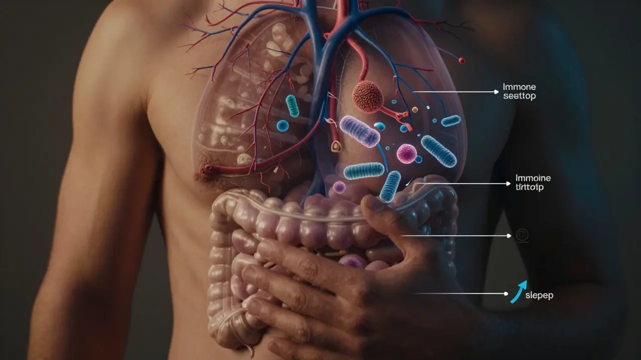 Ruce na těle s průhlednými vrstvami ukazujícími vnitřní změny způsobené stresem.