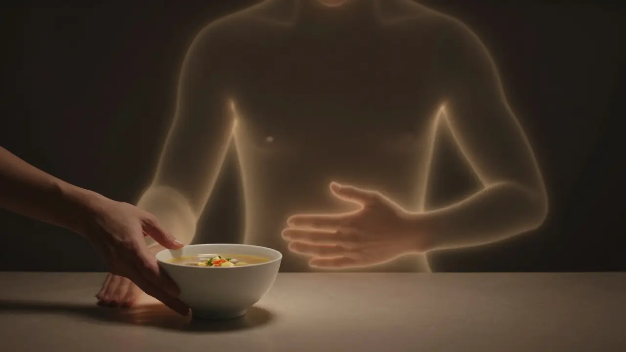 Ruka klade polévku na stůl, druhá ruka leží na břiše, symbolická scéna poslechu těla.