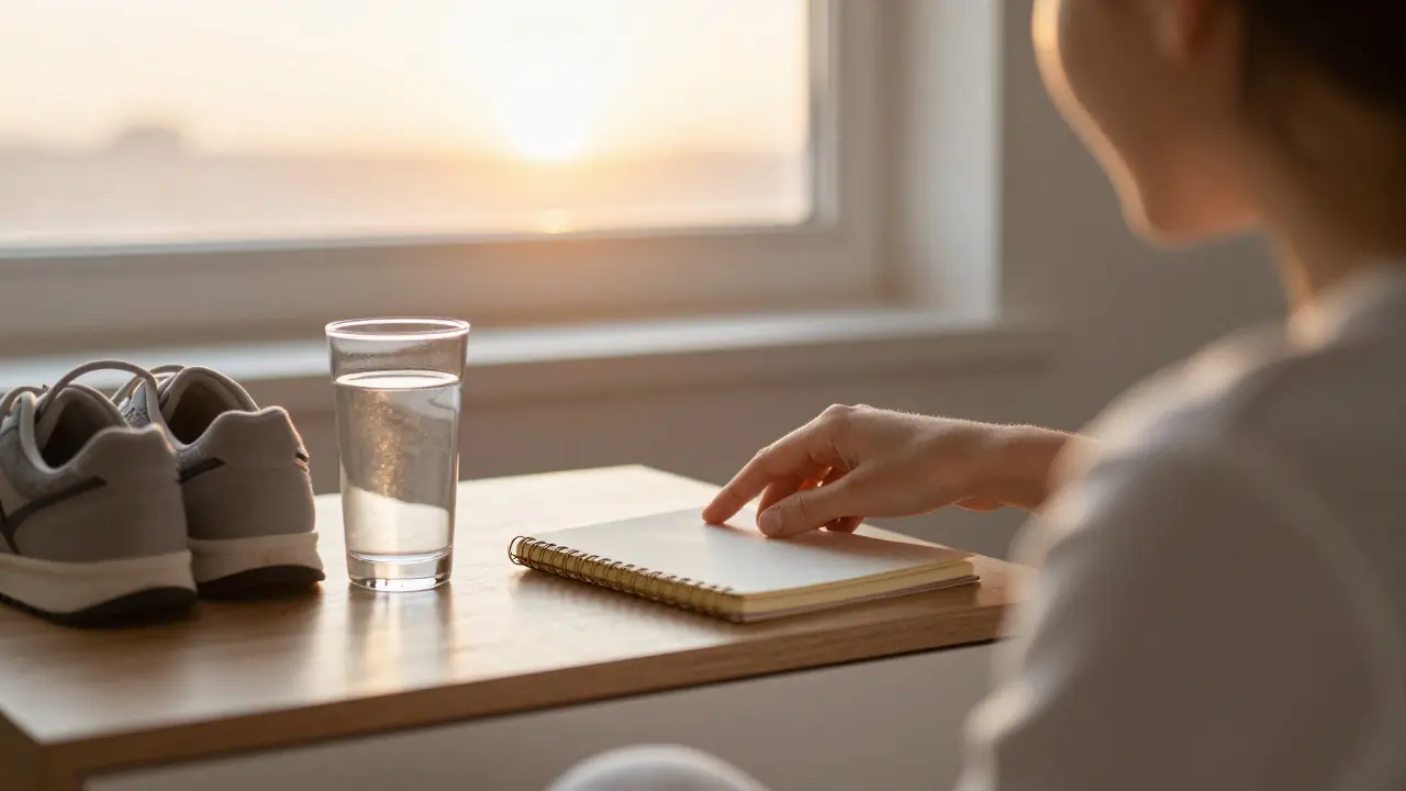 Ruka klade sešit na noční stůlek u okna s východem slunce, symbol změny.