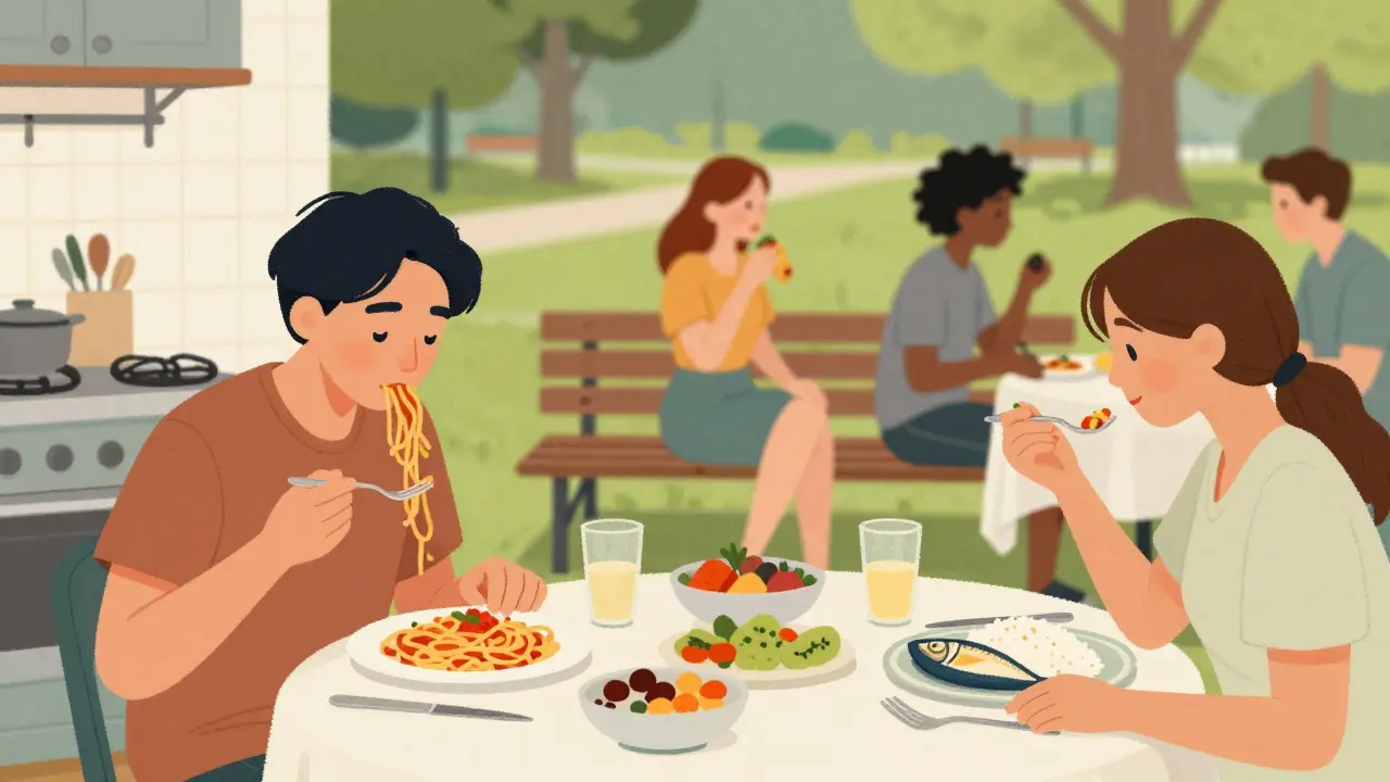 Různí lidé jí různé jídla v různých místech, všechni se cítí uvolněně.