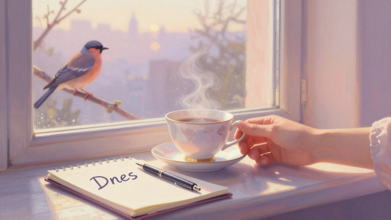 Sklenice čaje na okně v ranním světle s ptákem venku.