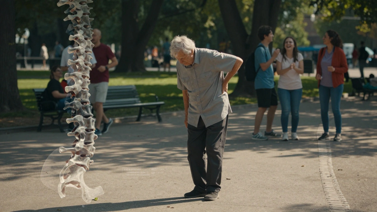 Starší osoba chodí v parku s bolestí záda, ostatní jsou nevšimnutí.