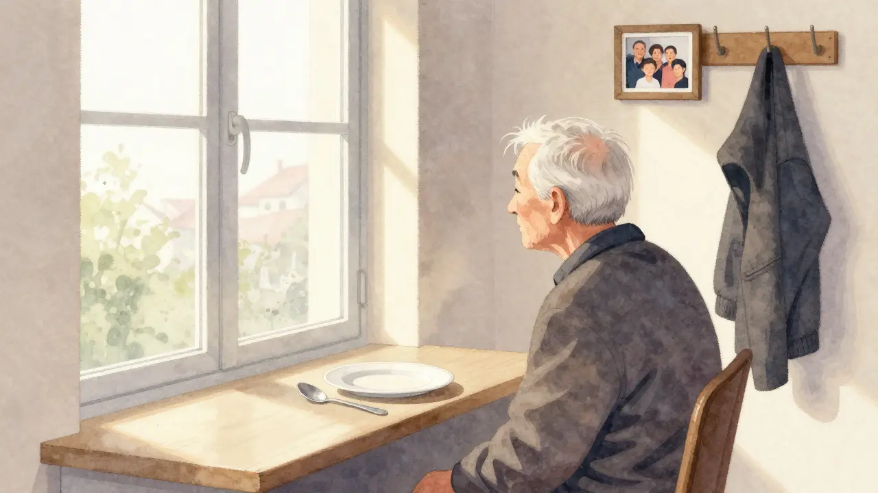 Starší osoba sedí u okna, před ní prázdná mísa, na zdi foto rodiny a oblečení visí na háku.