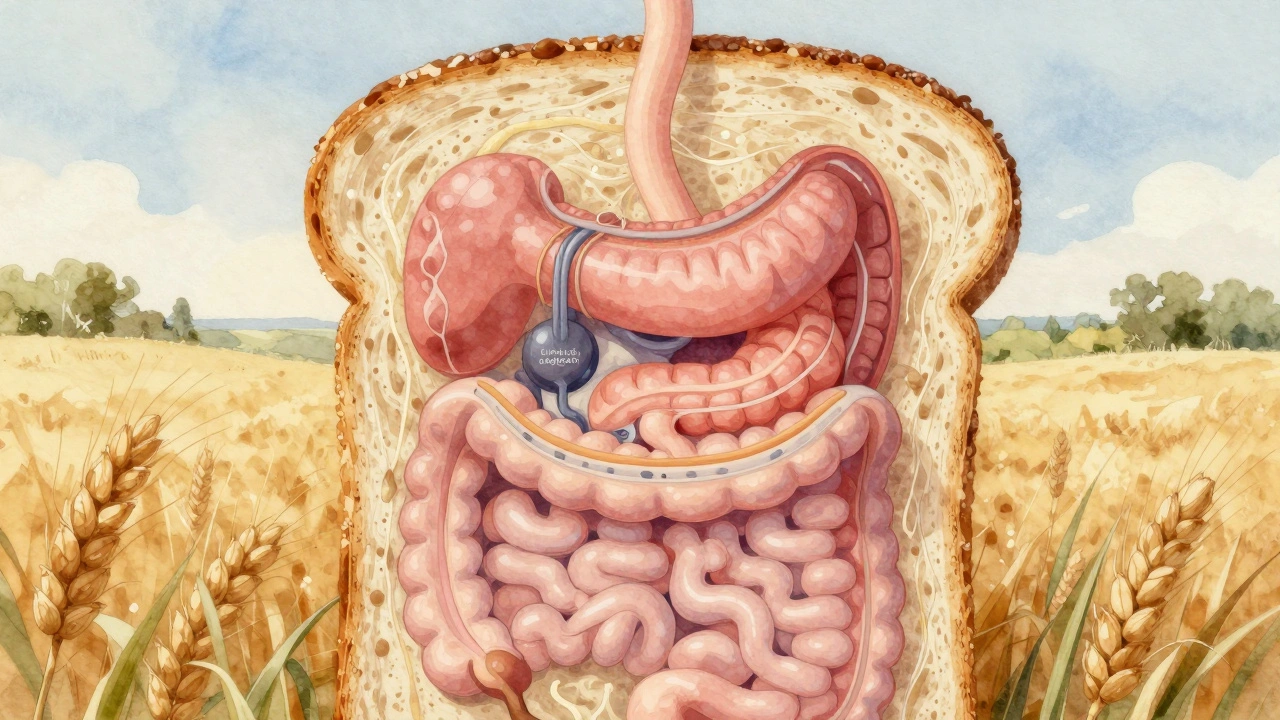 Umělecká ilustrace celozrnného chleba s podobou trávicího systému a výživovými látkami.