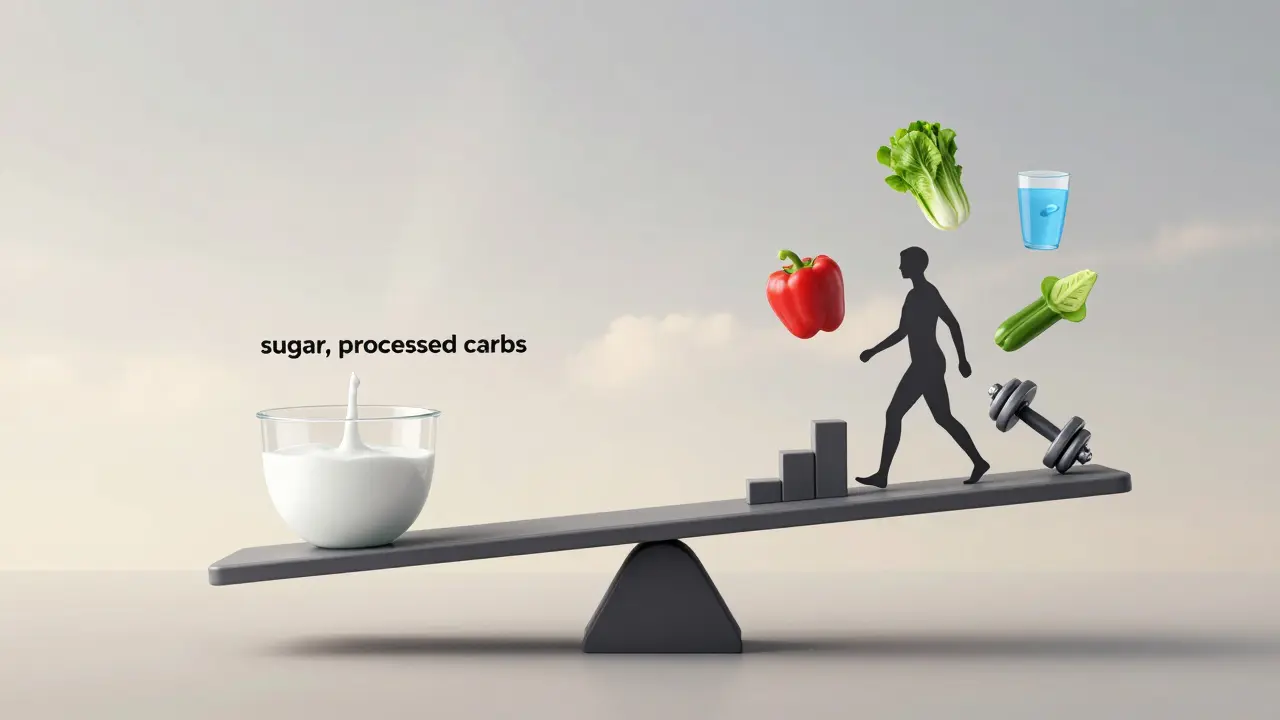 Váha ukazuje rovnováhu mezi špatnou stravou a zdravými zvyky.