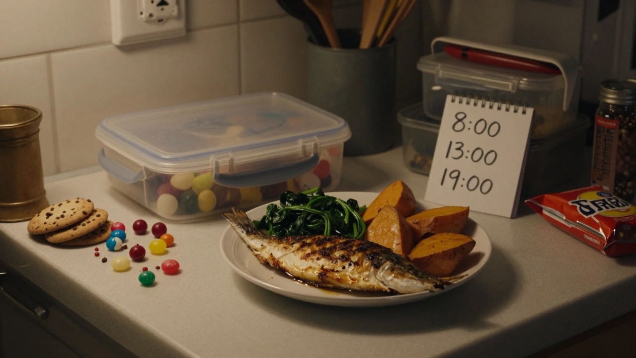 Večerní jídlo s připraveným obědem a zápiskem o pravidelných časech jídel.