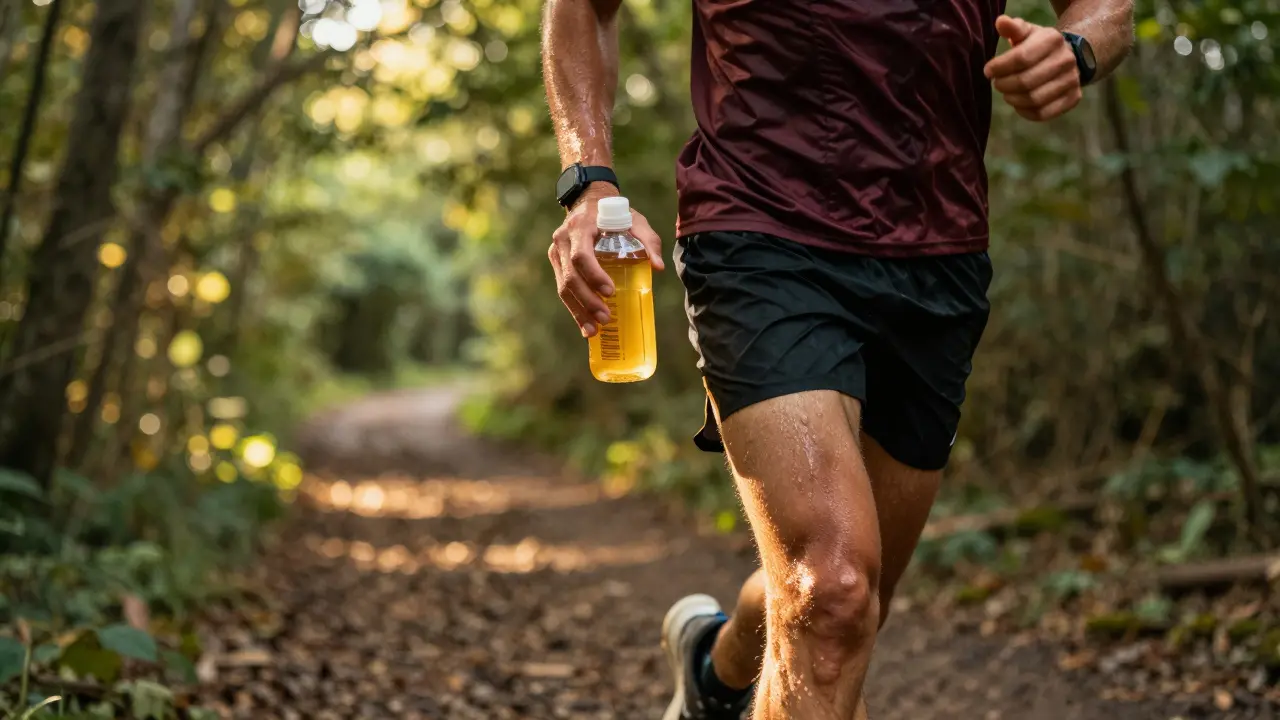 Běžec na cestě drží lahvičku s medem ve vodě při západu slunce.
