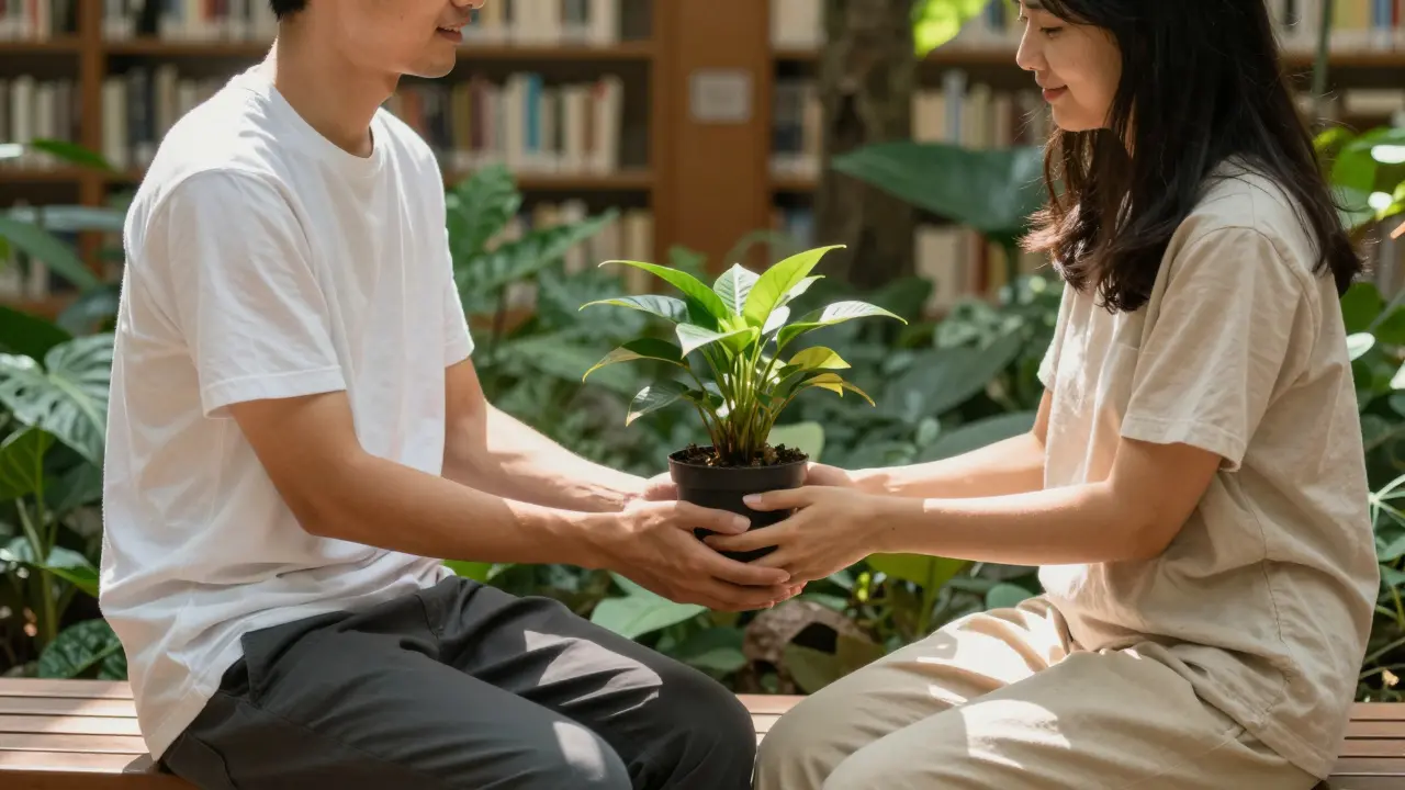 Dva lidé si na lavičce v zahradě předávají rostlinu bez slov.
