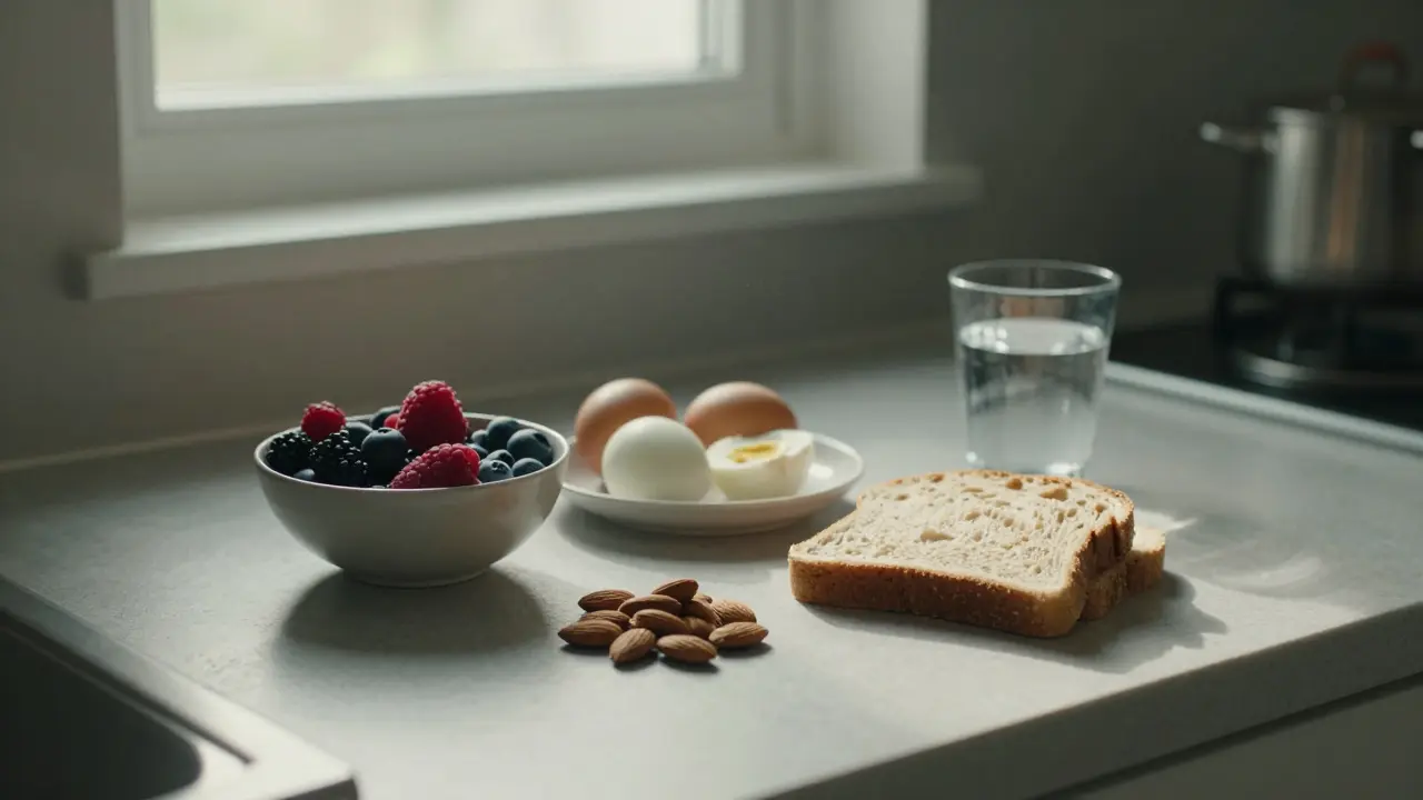 Jednoduché celozrnné potraviny na kuchyňském stole bez balení nebo etiket.