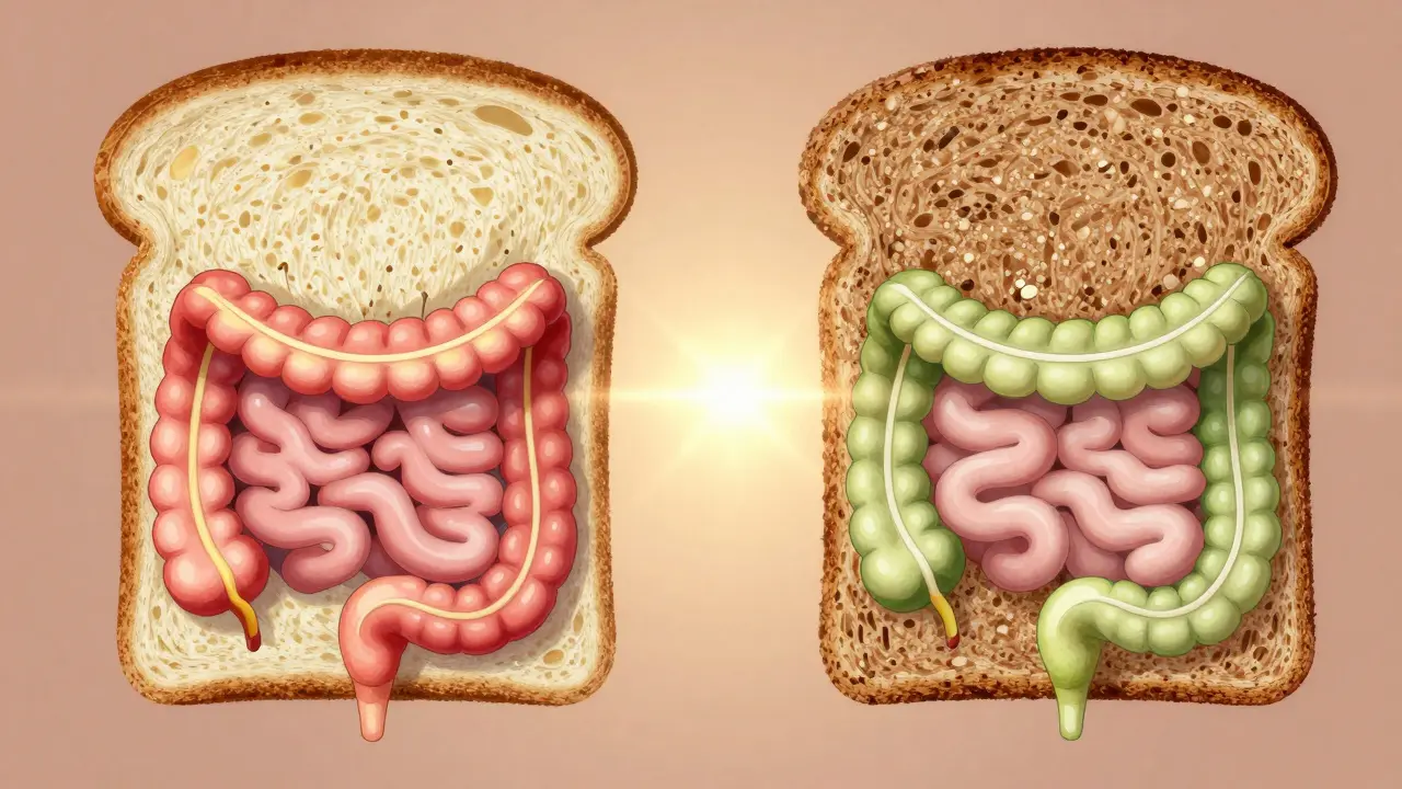 Konceptuální obrázek trávicího traktu: žitný chléb podporuje zdravé střevo, bílý chléb způsobuje zánět.