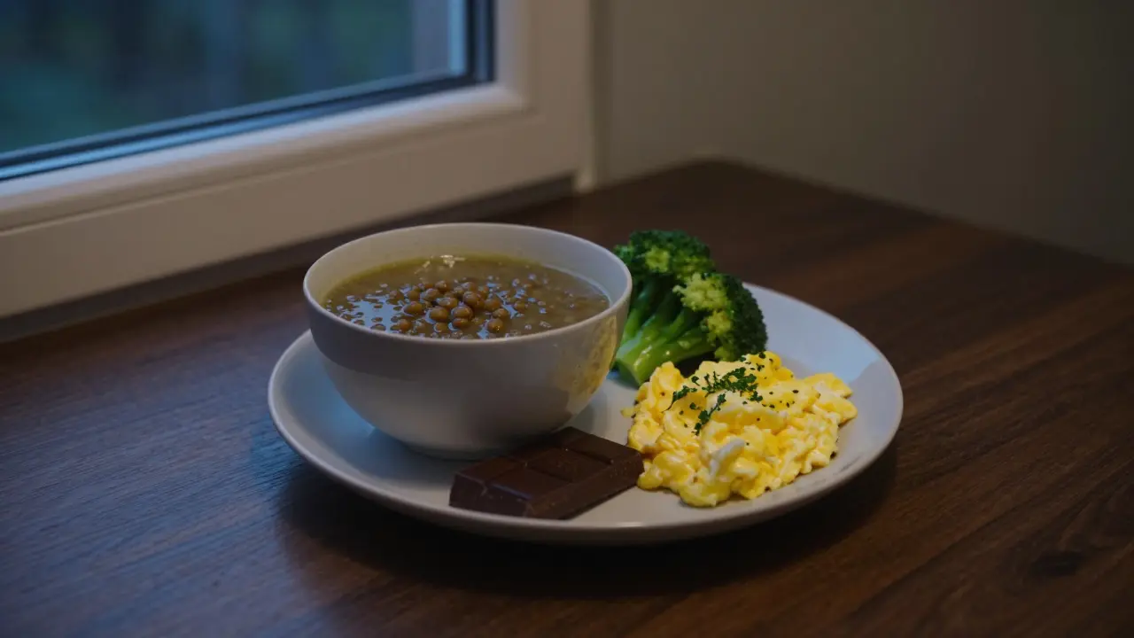Lehká večeře s polévkou z čočky, brokolici a kouskem černé čokolády ve večerním světle.