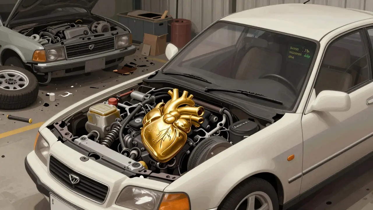 Lidské tělo jako dobře udržované auto s popisky klíčových funkcí zdraví.