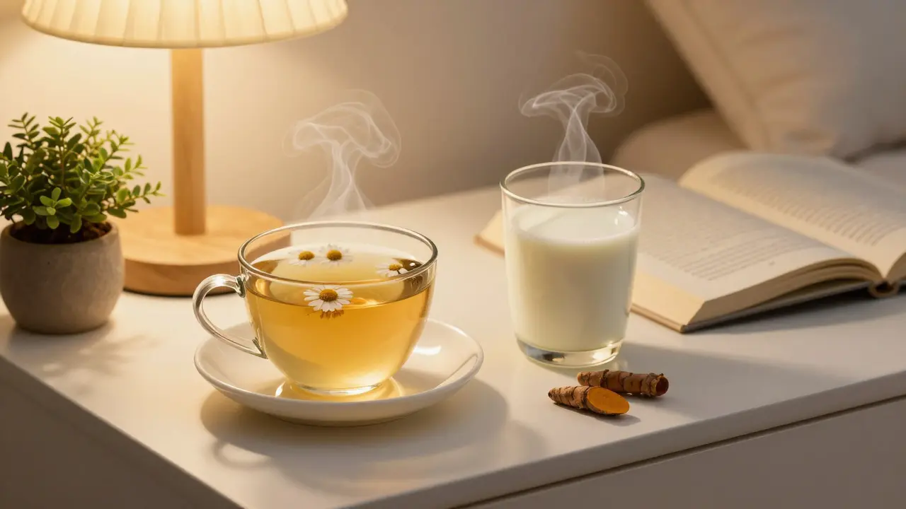 Noční stůl s bylinným čajem, teplým mlékem a knihou — alternativa k alkoholu pro klidný spánek.
