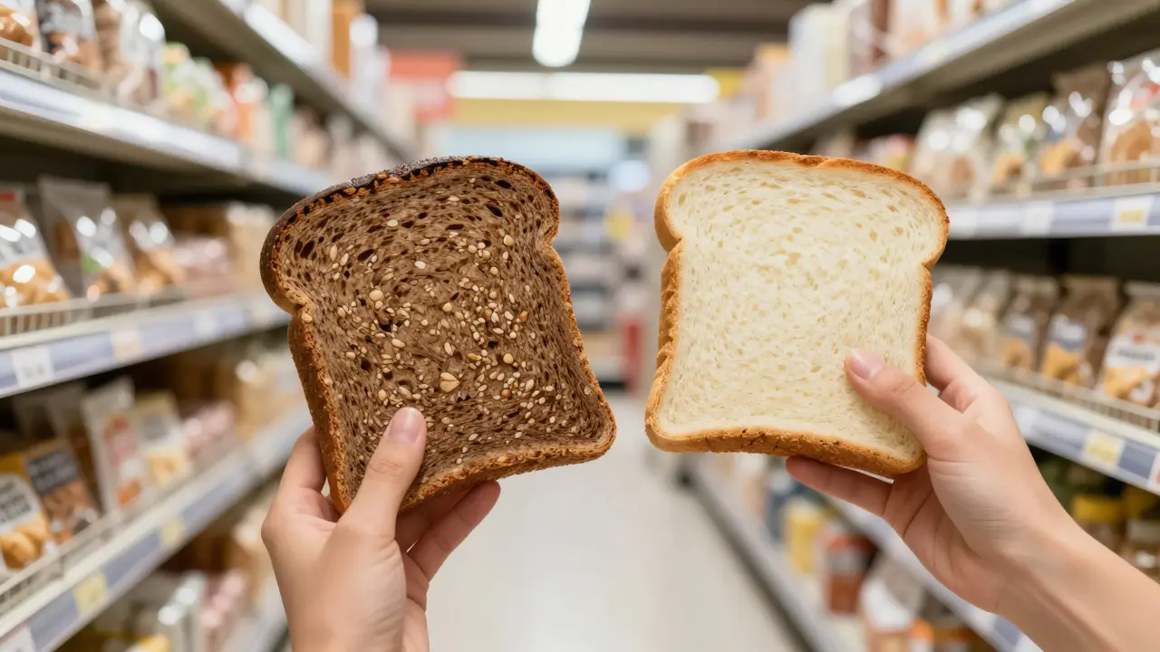 Osoba drží dva kousky chleba – tmavý žitný a bílý – v supermarketu, viditelný kontrast textur.