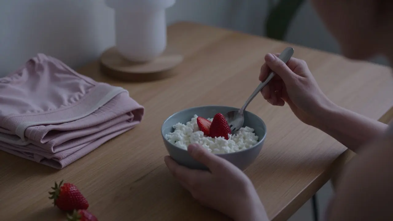Osoba konzumuje tvaroh s jahodami po večerním tréninku.