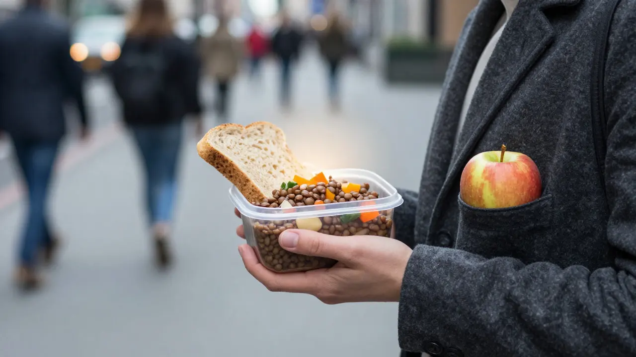 Osoba na ulici drží zdravou svačinu v nádobce, s jablkem v kapsě, ve městském prostředí.