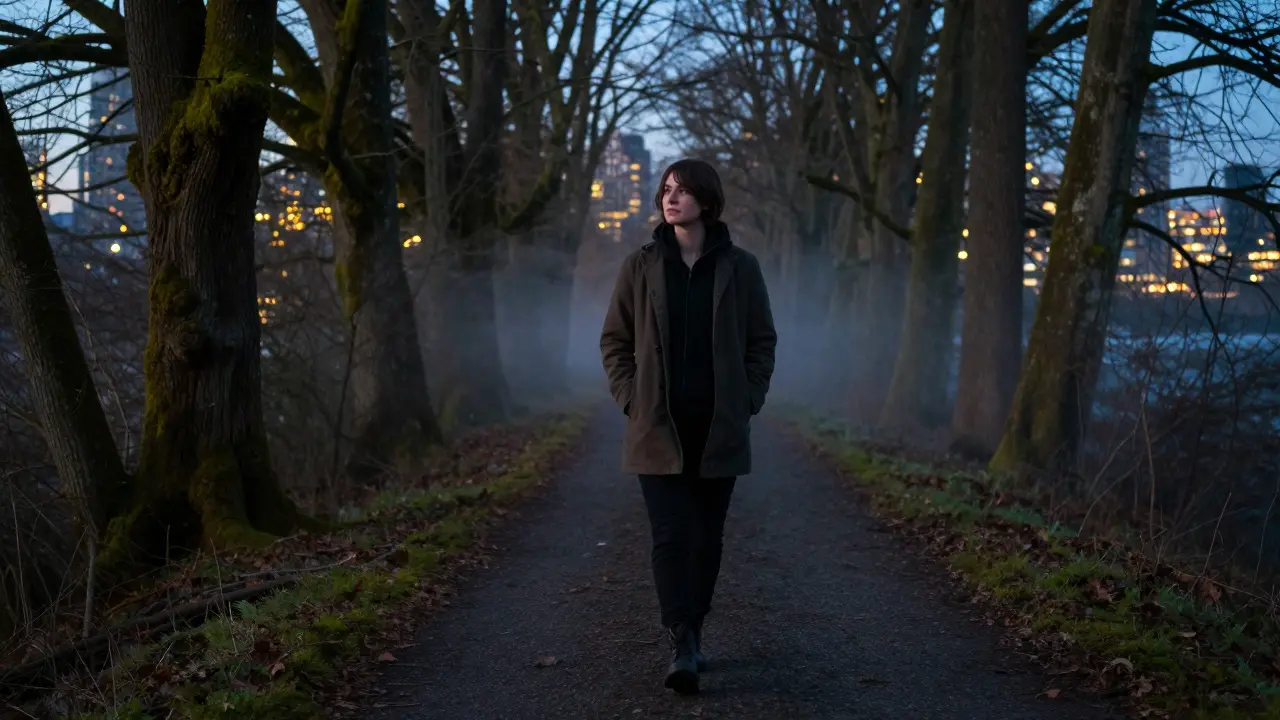 Osoba prochází lesní cestou večer, klidně a bez telefonu, v blízkosti města.