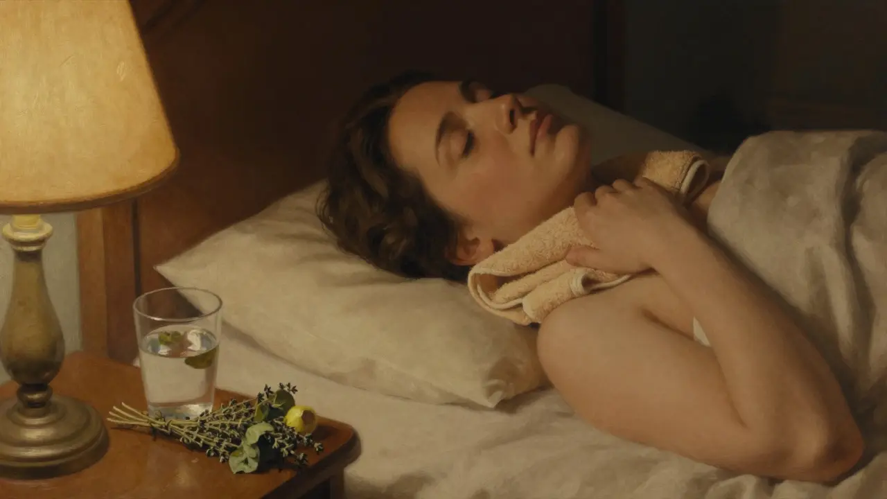 Osoba si klade teplý ručník na krk a ramena při odpočinku v posteli.