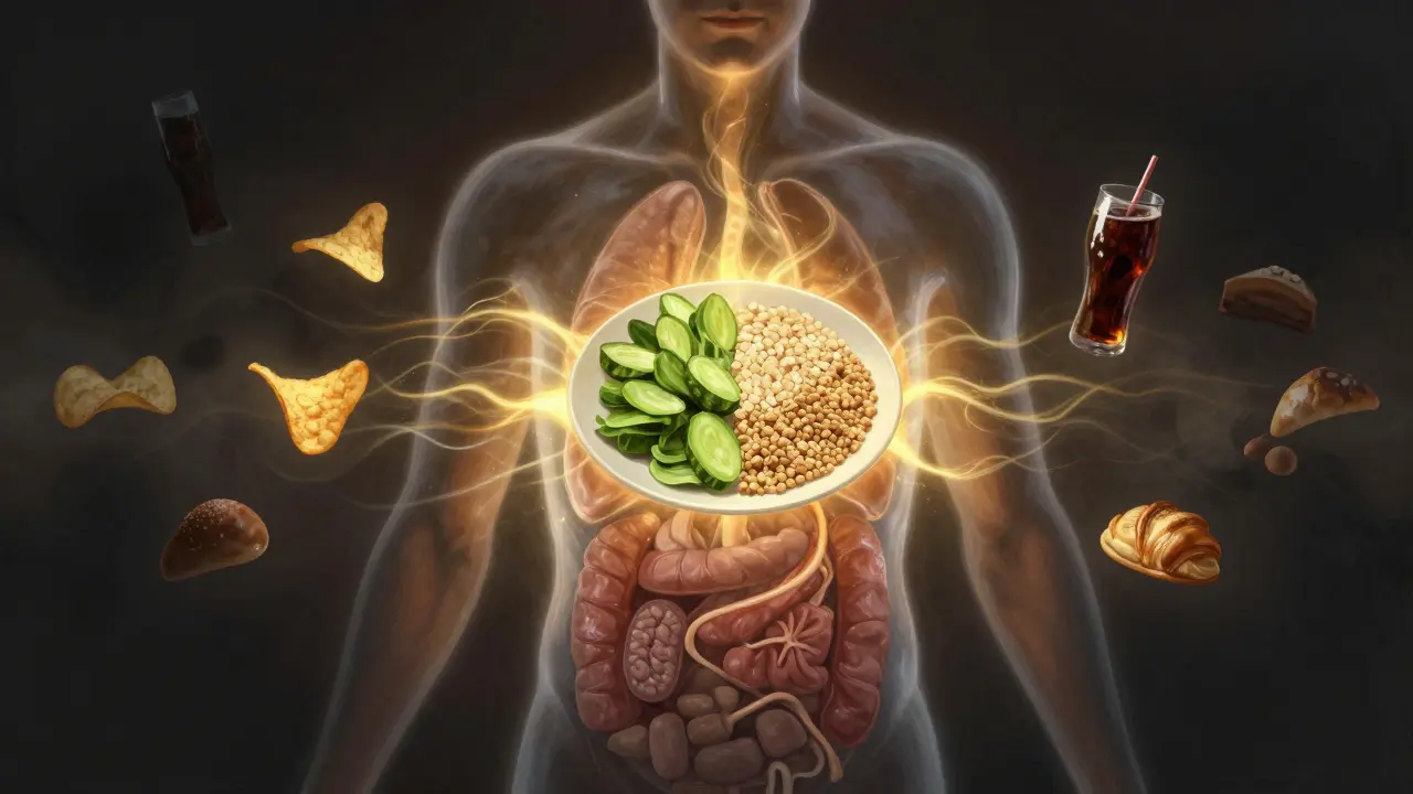 Průhledné tělo s vnitřním zdravým talířem, který září energií, zatímco přepracované potraviny mizí.