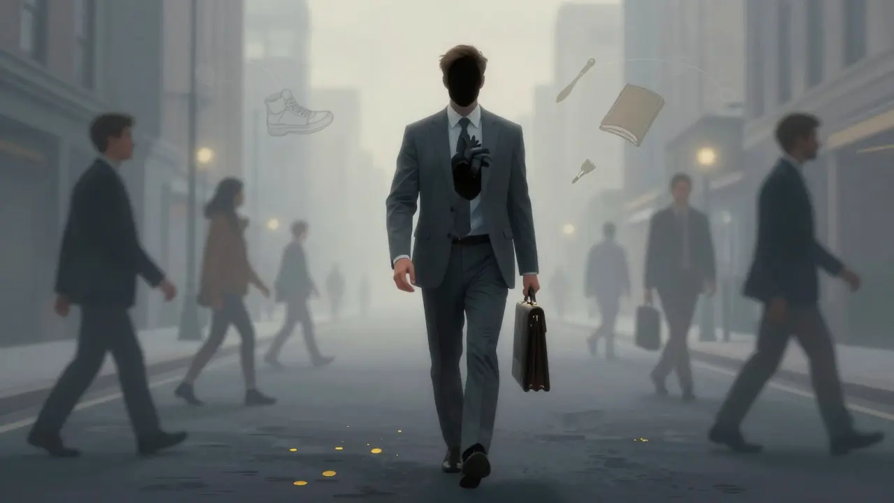 Průhledný člověk chodí ulicí, uvnitř jeho těla je prázdný prostor, kolem něj lidé jsou plní života.