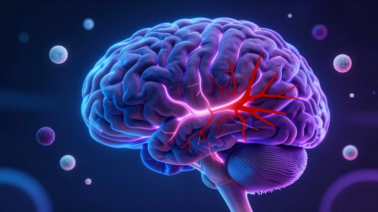 Průřez lidského mozku s narušenými oblastmi hlubokého a REM spánku kvůli alkoholu.