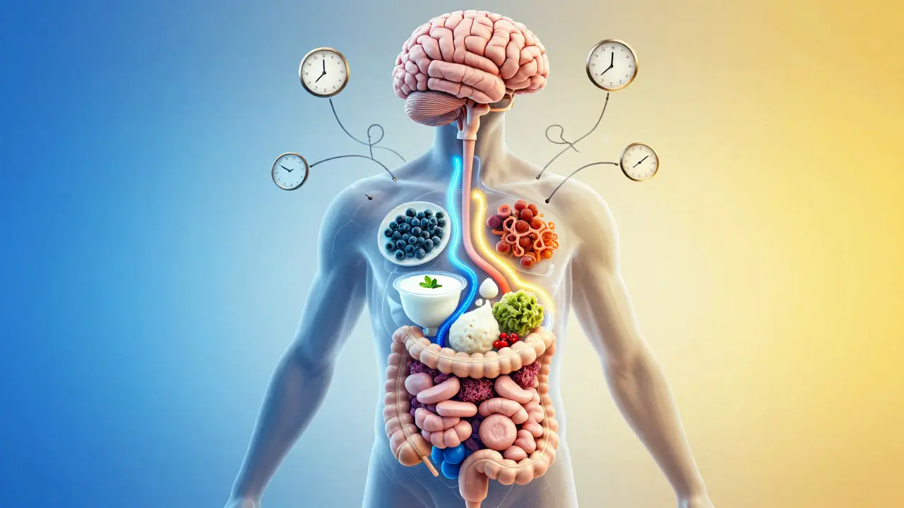 Průřez lidského těla ukazující spojení mozku a střeva s potravinami podporujícími náladu a snižujícími stres.