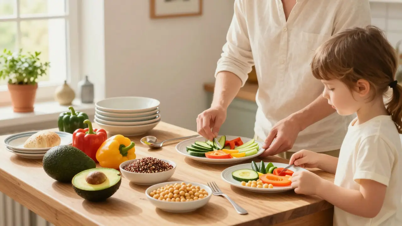 Rodina společně připravuje zdravé jídlo podle metody talíře s čerstvými potravinami na kuchyňském stole.
