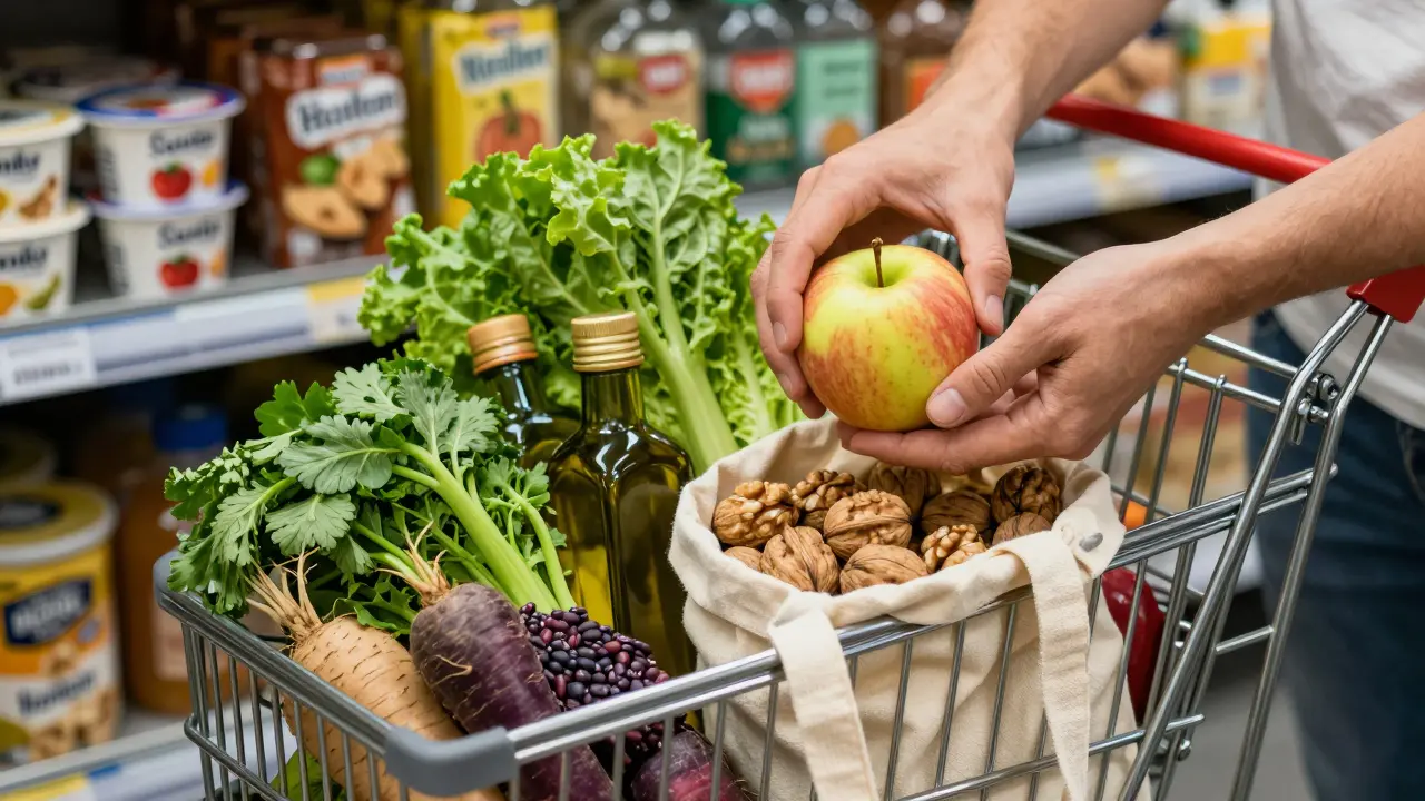 Ruce klade jablko a ořechy do pytlu, zatímco v pozadí zmizí zpracované potraviny.