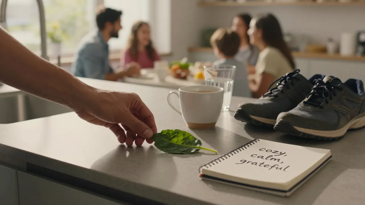 Ruka klade list zeleniny na kuchyňský stole vedle vody, bot a poznámky s třemi slovy.