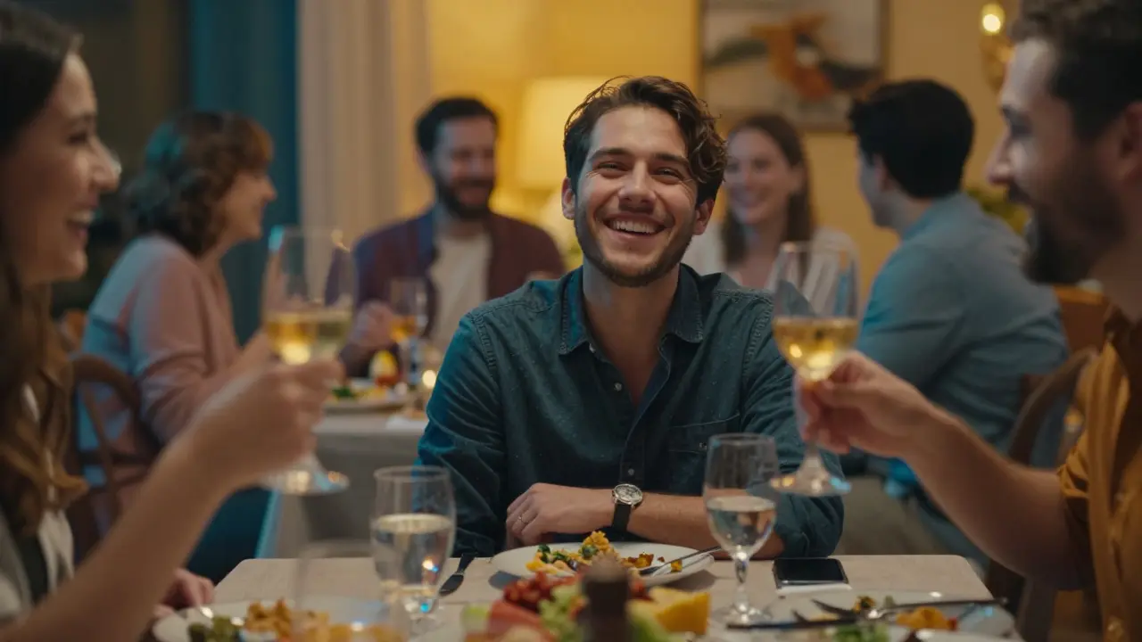Skupina lidí se směje na večeři, ale jedna osoba sedí stranou, široce se usmívá, ale oči jsou prázdné.