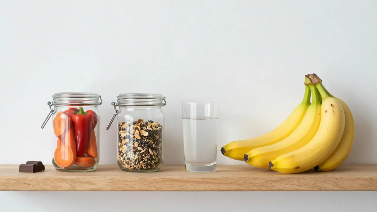 Tři skleněné nádoby s zdravými potravinami—mrkví, ořechy a banány—uspořádané na dřevěné poličce s černou čokoládou a sklenicí vody.