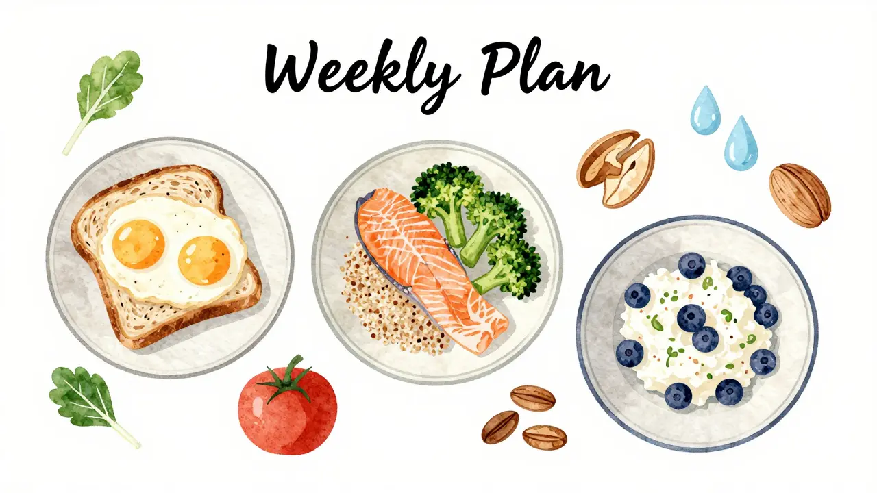 Týdenní plán stravy s třemi vyváženými jídly a přírodními potravinami v ilustrativním stylu.