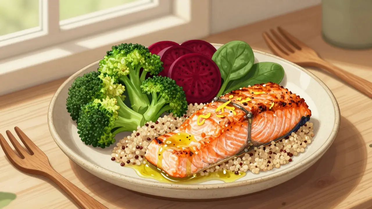 Vyvážený oběd s brokolici, červenou řepou, quinou a lososem na keramickém talíři.