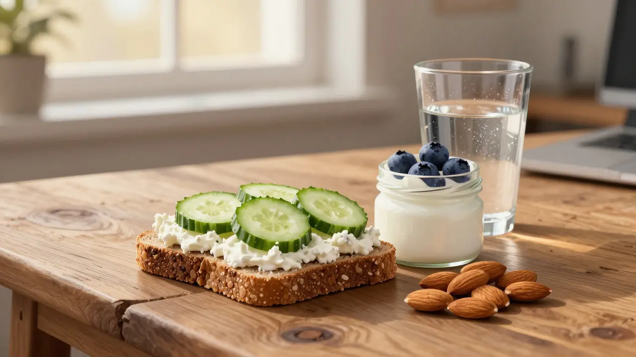 Zdravá odpolední svačina s celozrnným chlebem, tvarohem, okurkou a jogurtem s borůvkami.